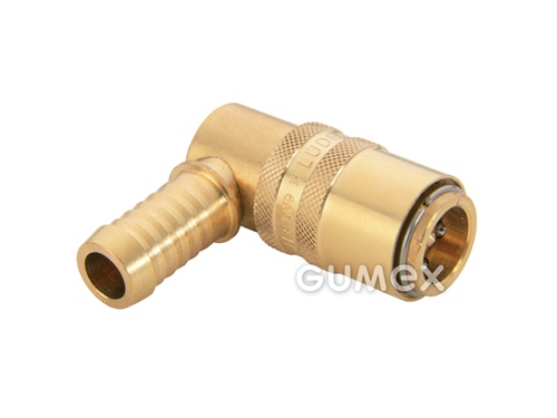 Plastikárska rýchlospojka ESH, DN9, s uhlovým 90° tŕňom na štandardné hadice 9mm, bez ventila, 15bar, tesnenie viton potiahnutý PTFE, -20°C/+200°C, poniklovaná mosadz